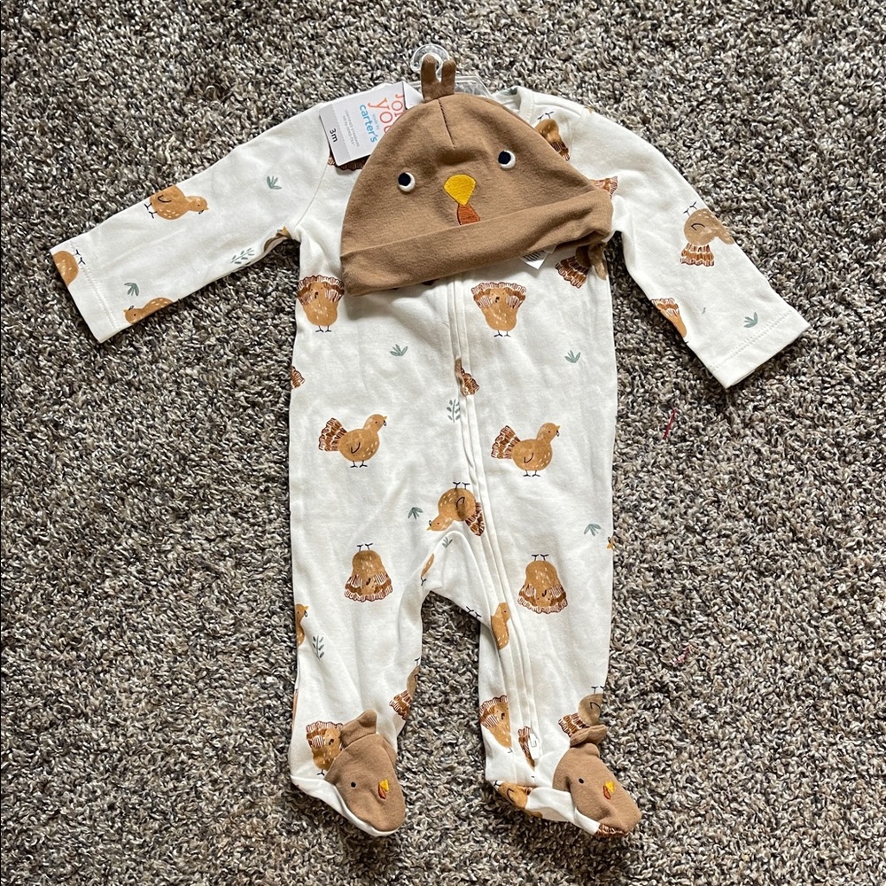 Carters NWT turkey thanksgiving Kids One Piece sleeper hat set 3m baby infant